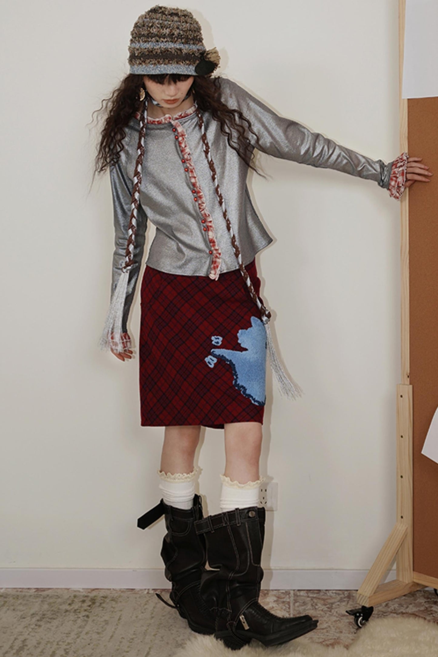 Vintage Plaid Embroidered Wool Halter Skirt