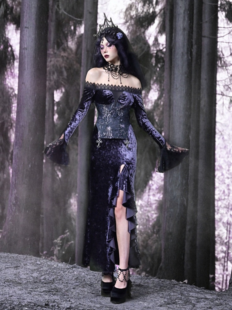Midnight Velvet Off-Shoulder Gown Dress almony Midnight Velvet Off-Shoulder Gown Dress almony