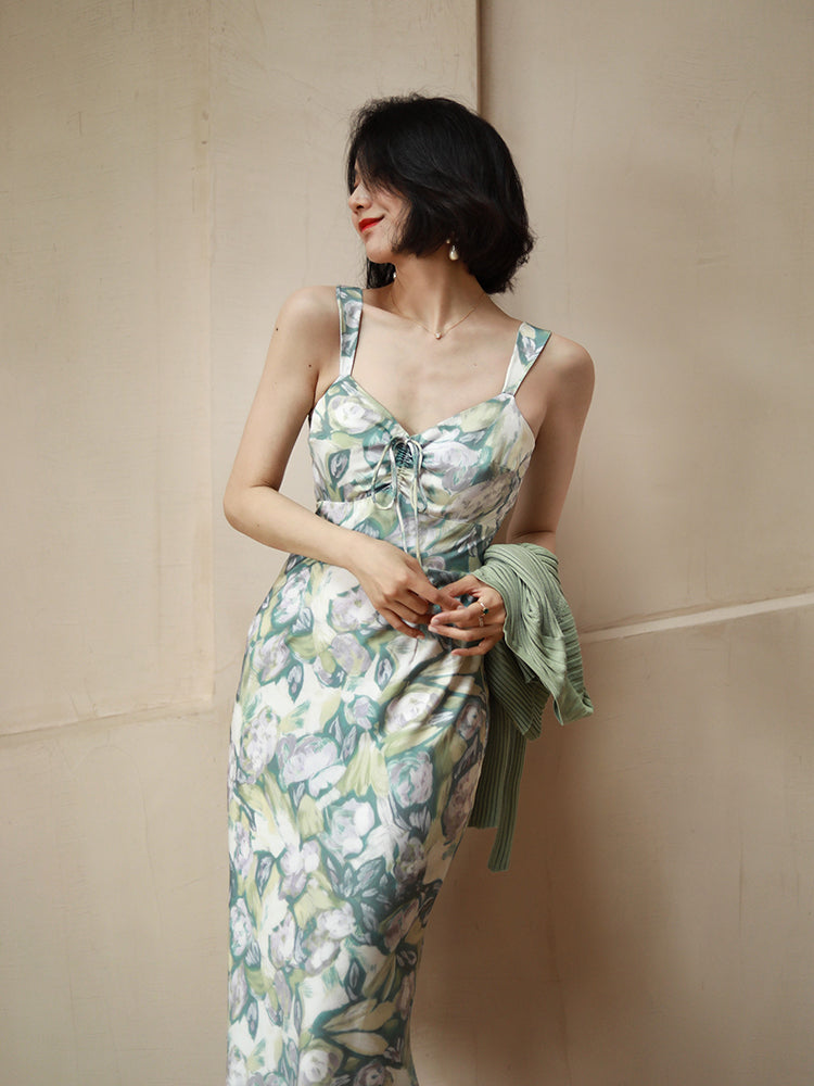 Celadon Flower Pattern Retro Strap Dress