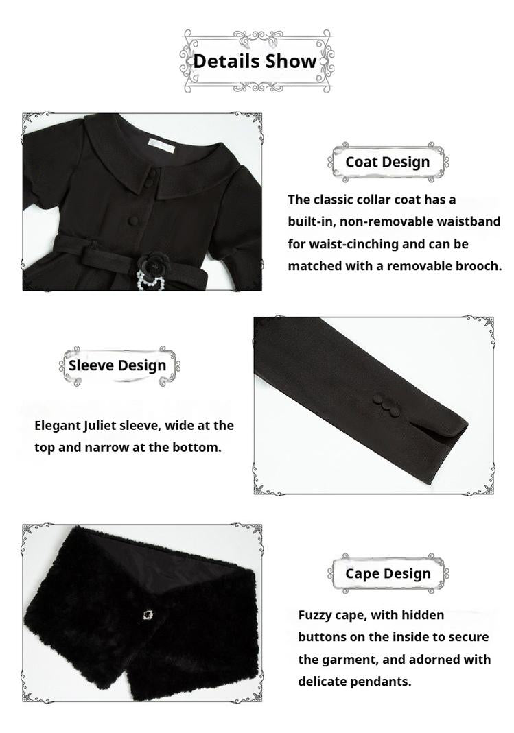 With PUJI - Old Testament - Classic Lolita Coat Black Plush Lolita Cape and Brooch