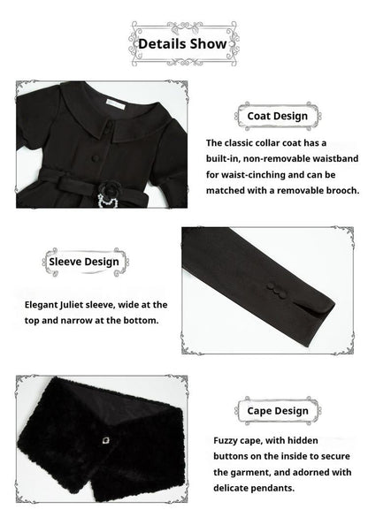 With PUJI - Old Testament - Classic Lolita Coat Black Plush Lolita Cape and Brooch