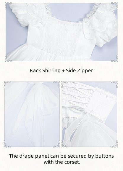 With PUJI - Dawn's Last Light - Castle Printed White Gothic Lolita OP, Two Length Styles