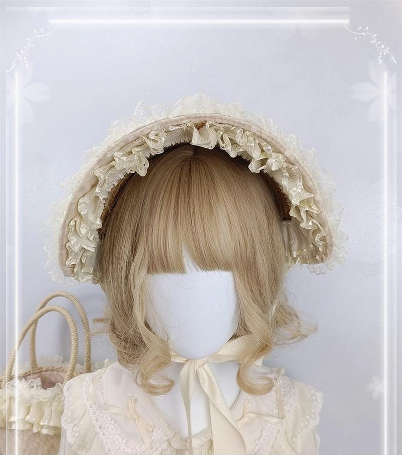 Cocoa Jam - Retro Lolita Hat Hand-basket Ivory Lace Lolita Hat Hand-basket