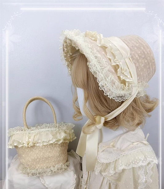 Cocoa Jam - Retro Lolita Hat Hand-basket Ivory Lace Lolita Hat Hand-basket