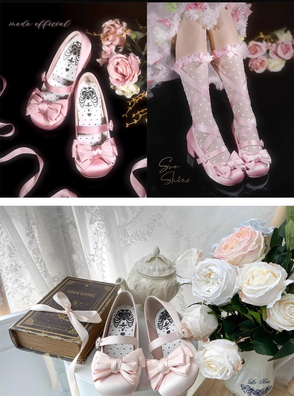 MODO - Sissi - Sweet Lolita Shoes Satin Low Chunky Heels with Bow