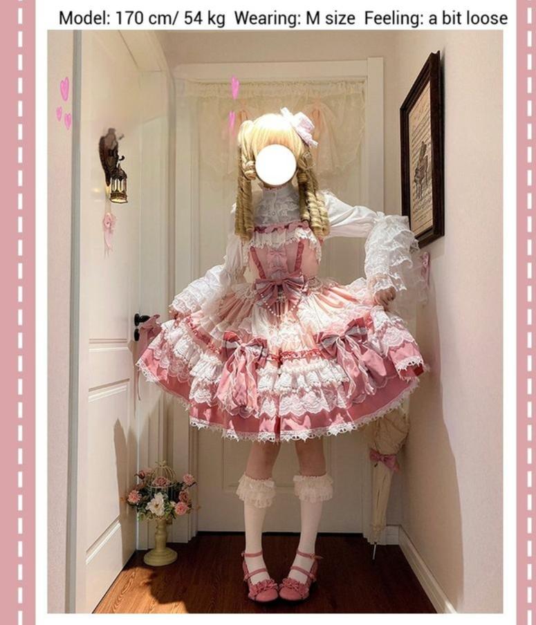 Qianmu - Girl's Secret - Pink Sweet Lolita JSK Dress with Lace and Bow Trailing