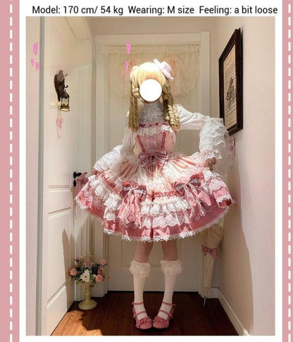 Qianmu - Girl's Secret - Pink Sweet Lolita JSK Dress with Lace and Bow Trailing