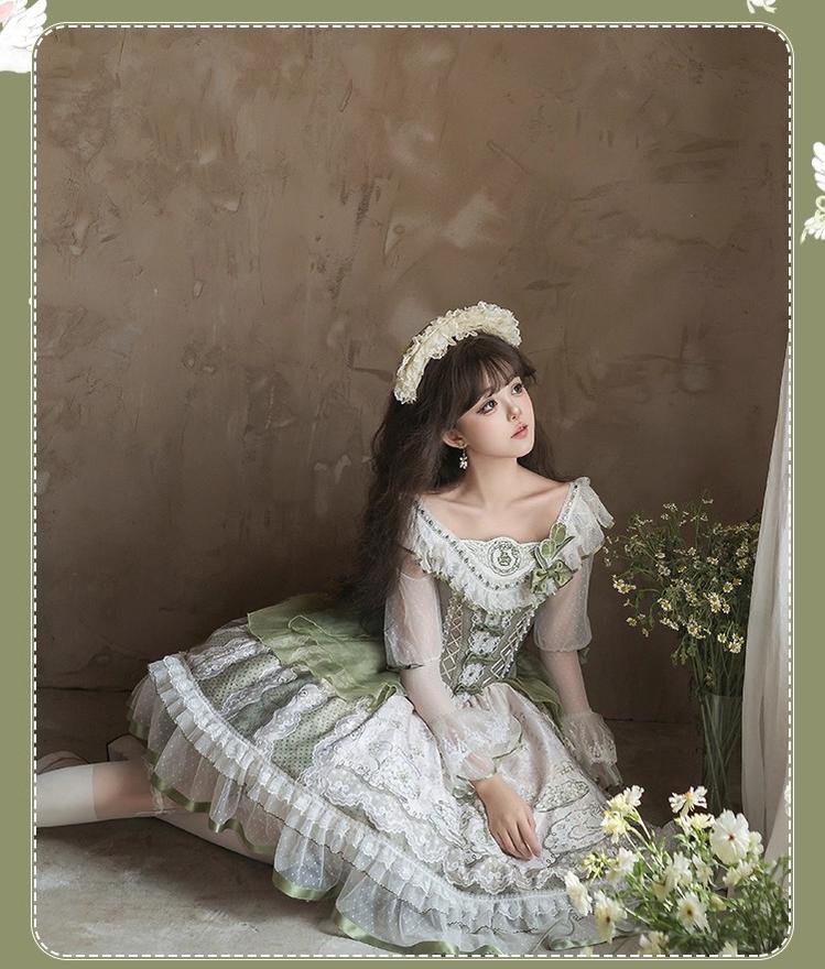 YingLuoFu - Teacup Bunny - Classic Lolita OP Dress, Fresh Green Floral Print