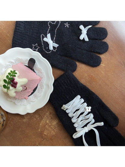 Cute warm plush bow rhinestone rabbit hair gloves【s0000004514】