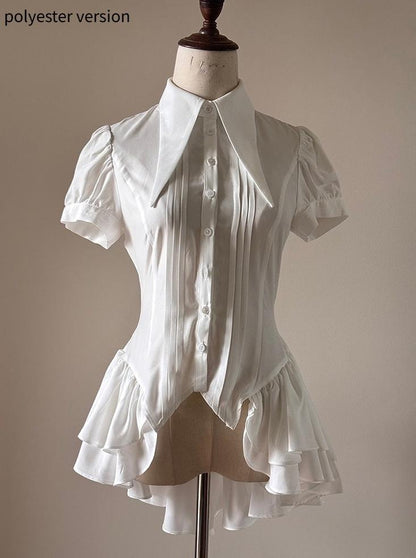 FlowerFairyDaily - Midnight Prayer - Solid Lolita Shirt with Flowing Tiered Back Hem