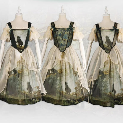 Cyan - Morning of Pine Forest - Elegant Lolita Bear Print Skirt