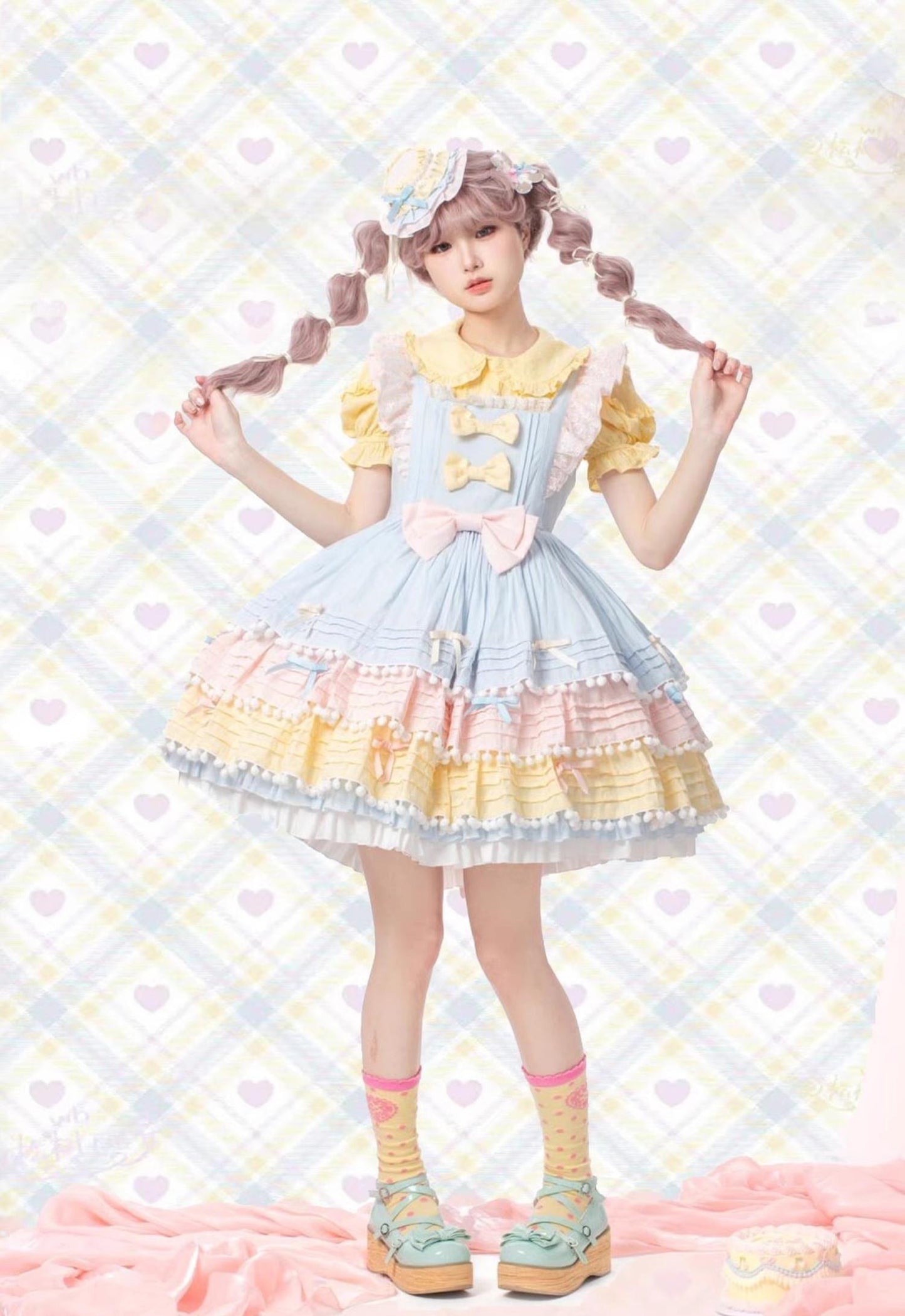 Chubby Cat Diary - Sweetheart Macarons - Sweet Lolita JSK Dress, Pom-pom Accents