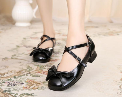 Sosic - Bow and Low Heel Cross Band Lolita Leather Shoes