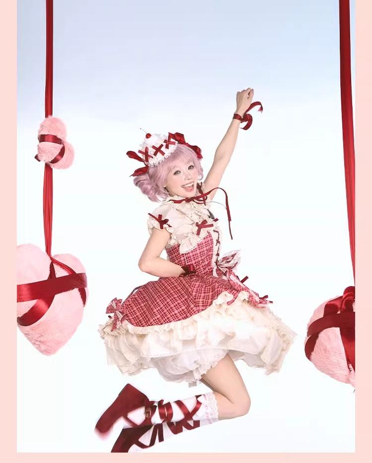 Confession Balloon - Red Plaid Cake Skirt - IP Collab Lolita Plaid JSK Dress
