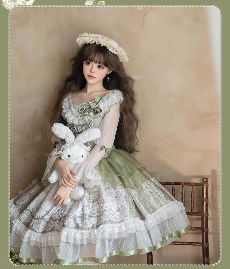 YingLuoFu - Teacup Bunny - Classic Lolita OP Dress, Fresh Green Floral Print