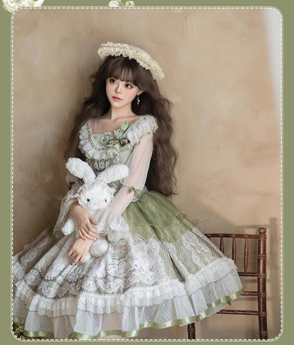 YingLuoFu - Teacup Bunny - Classic Lolita OP Dress, Fresh Green Floral Print