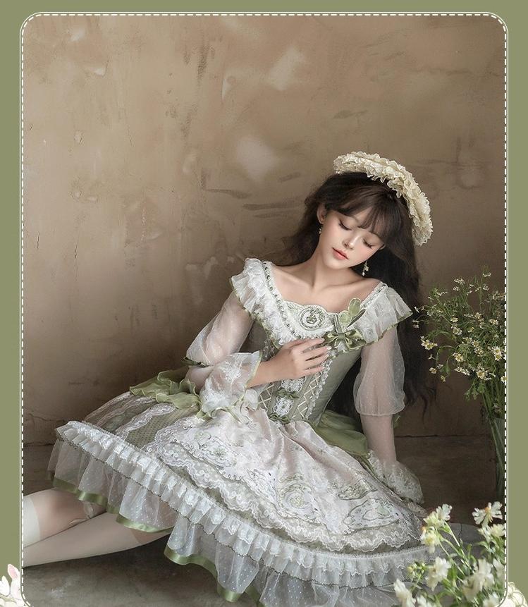 YingLuoFu - Teacup Bunny - Classic Lolita OP Dress, Fresh Green Floral Print
