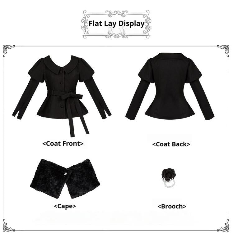 With PUJI - Old Testament - Classic Lolita Coat Black Plush Lolita Cape and Brooch