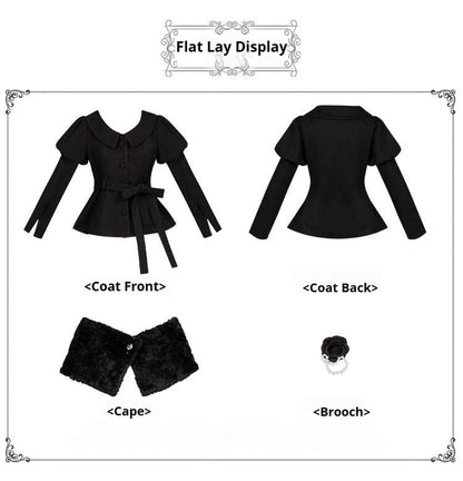 With PUJI - Old Testament - Classic Lolita Coat Black Plush Lolita Cape and Brooch