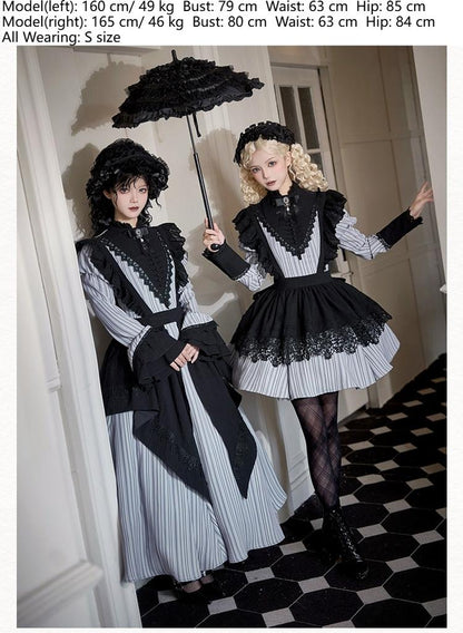 With PUJI - Nocturne SP - Striped Gothic Lolita OP Twin Lolita Dress with Apron