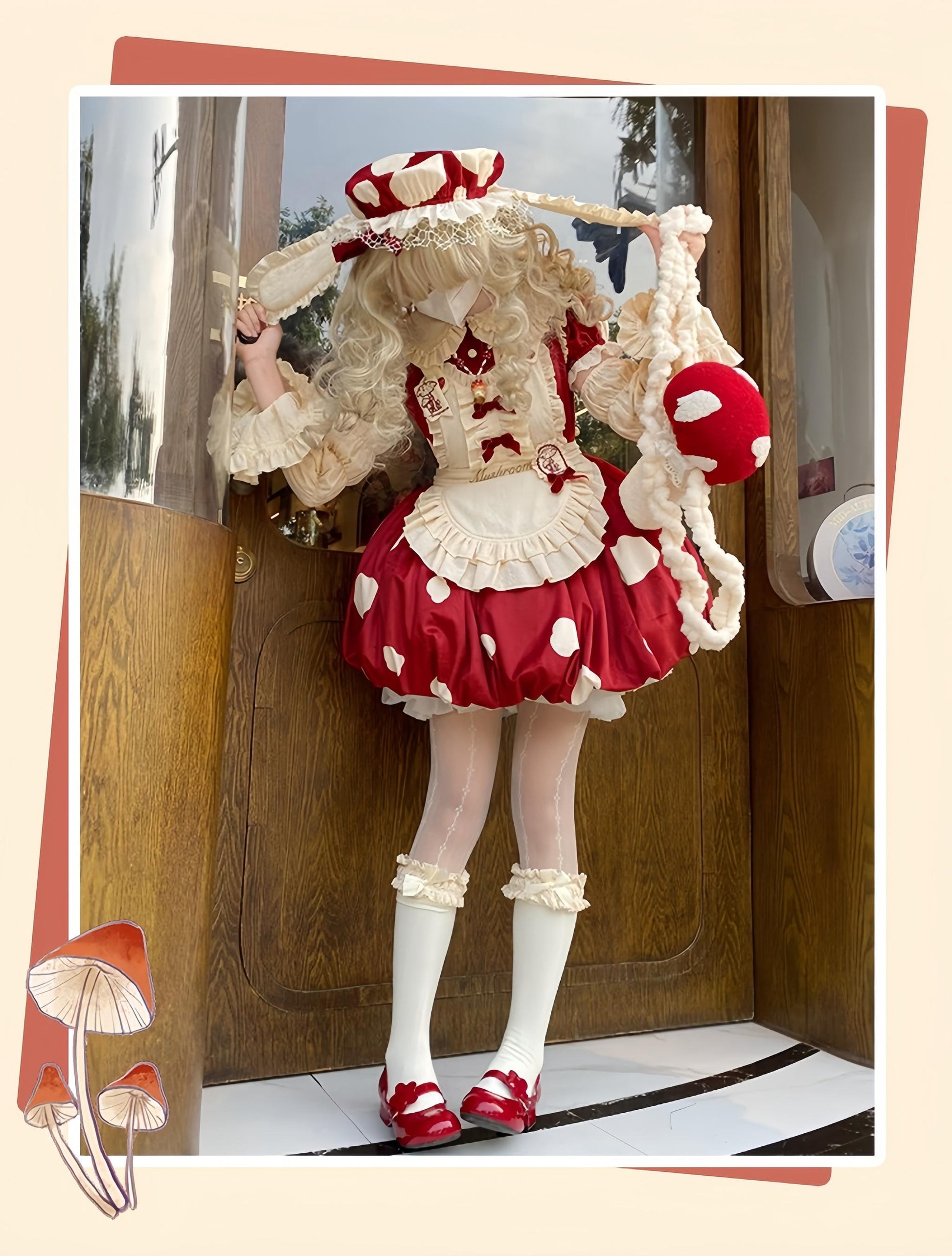 Sakurahime - Mushroom - Kawaii Lolita OP Dress with Apron and Detachable Sleeves