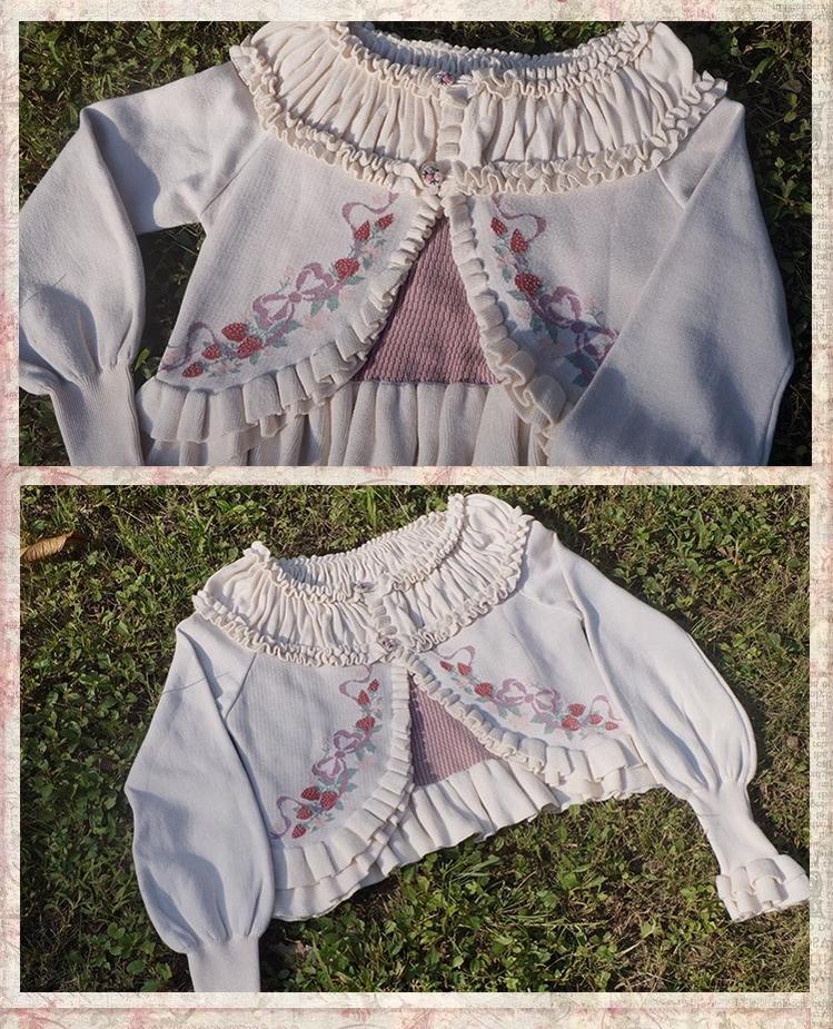 Lilizi - Little Strawberry - Sweet Lolita Cardigan Ivory Sweater with Bows