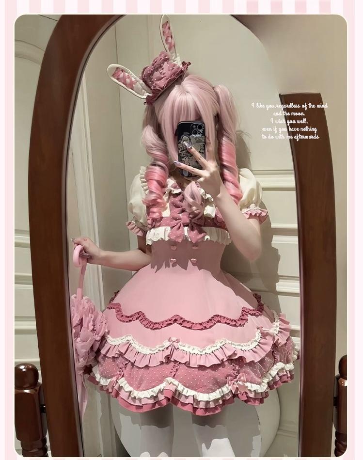 Sakurahime - Bunny Breeze - Pink Sweet Lolita OP Dress with Cute Hat and Bunny Ears