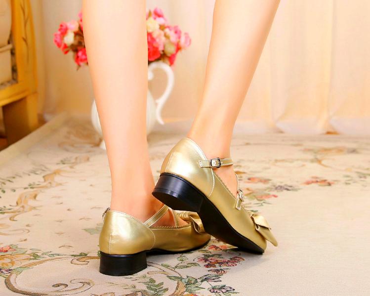 Sosic - Bow and Low Heel Cross Band Lolita Leather Shoes