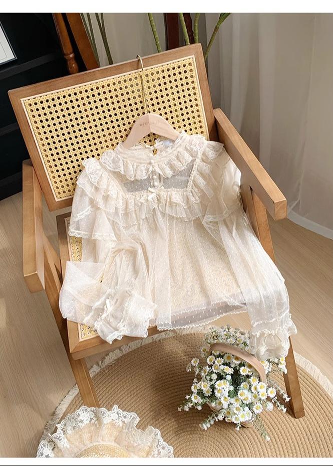 With PUJI - Letters and Poems - Summer Classic Lolita Shirt with Dotted Tulle and Long Sleeve