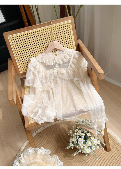 With PUJI - Letters and Poems - Summer Classic Lolita Shirt with Dotted Tulle and Long Sleeve