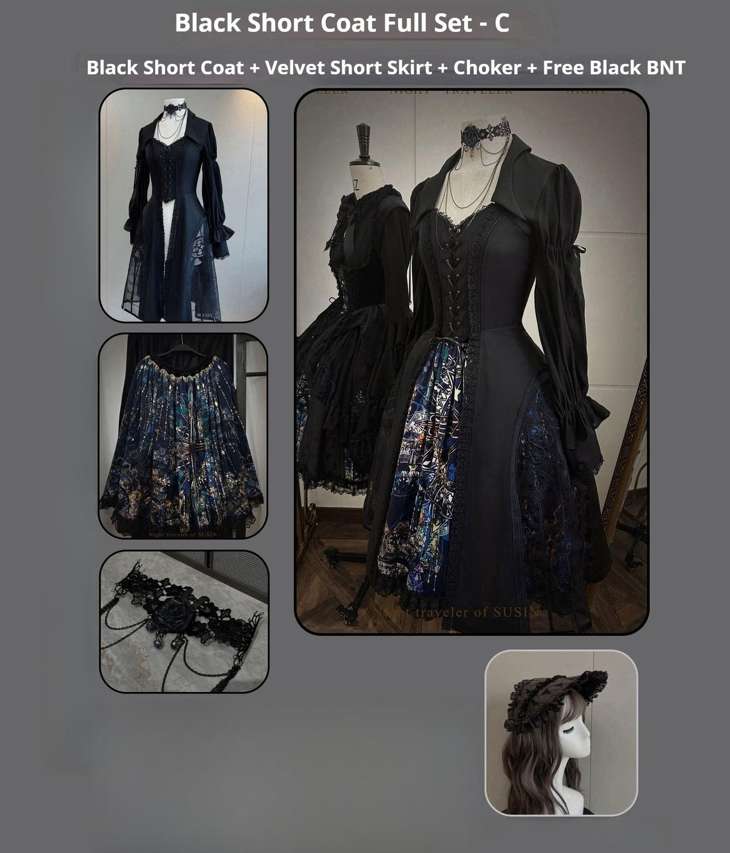 Susin Lolita - Night Traveler - Gothic Lolita Skirt Outfit Long Coat Shirt and Bustier Set