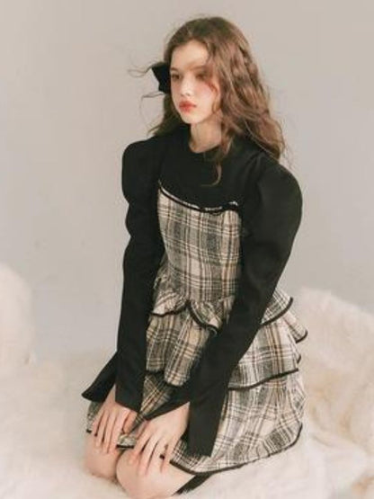 Plaid Cake Skirt Fake Two Piece Dress【s0000003231】