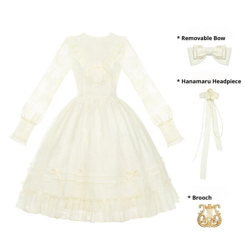 With PUJI - Floral Melody - Ivory Classic Lolita Long Sleeve OP Dress with Layered Bolero