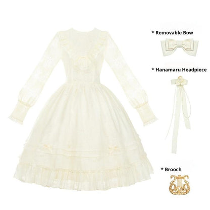With PUJI - Floral Melody - Ivory Classic Lolita Long Sleeve OP Dress with Layered Bolero