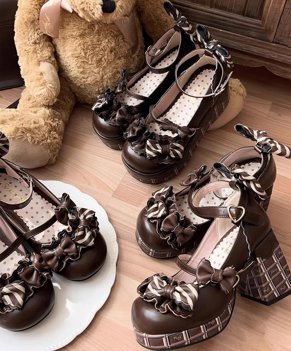 Sheep Puff - Layered Pastry - Sweet Lolita High Heel Shoes Chocolate Prints Shoes