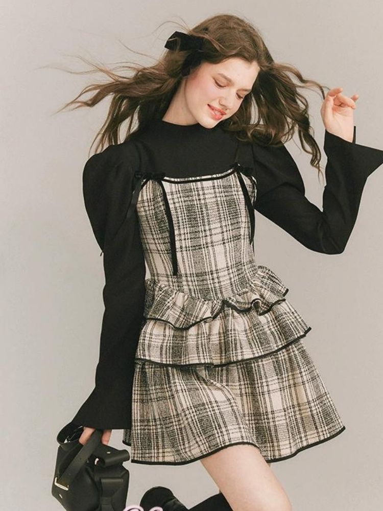 Plaid Cake Skirt Fake Two Piece Dress【s0000003231】