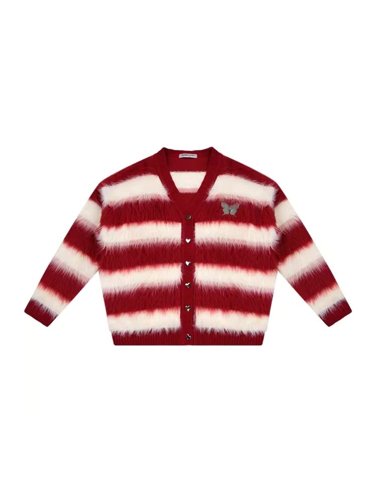 Sticky Chunky Red Striped Knit Sweater Cardigan【s0000006174】