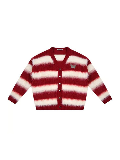 Sticky Chunky Red Striped Knit Sweater Cardigan【s0000006174】