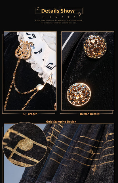 Forest Fluorescent Carps - Black and White Sonata - Ouji Lolita Vest Suit and Vintage Lolita OP Dress