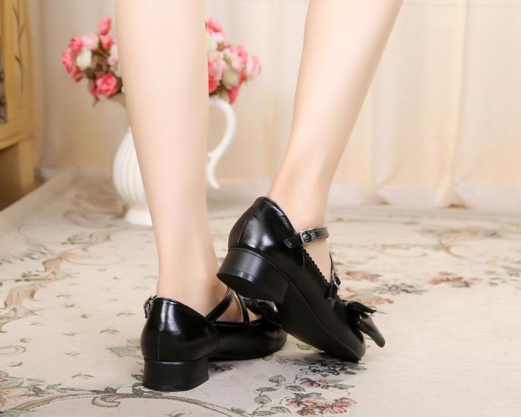 Sosic - Bow and Low Heel Cross Band Lolita Leather Shoes