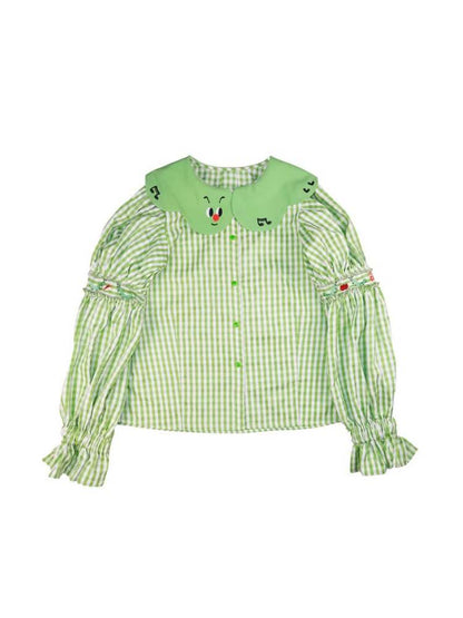Apple Bug Embroidery Puff Sleeve Shirt【s0000007125】