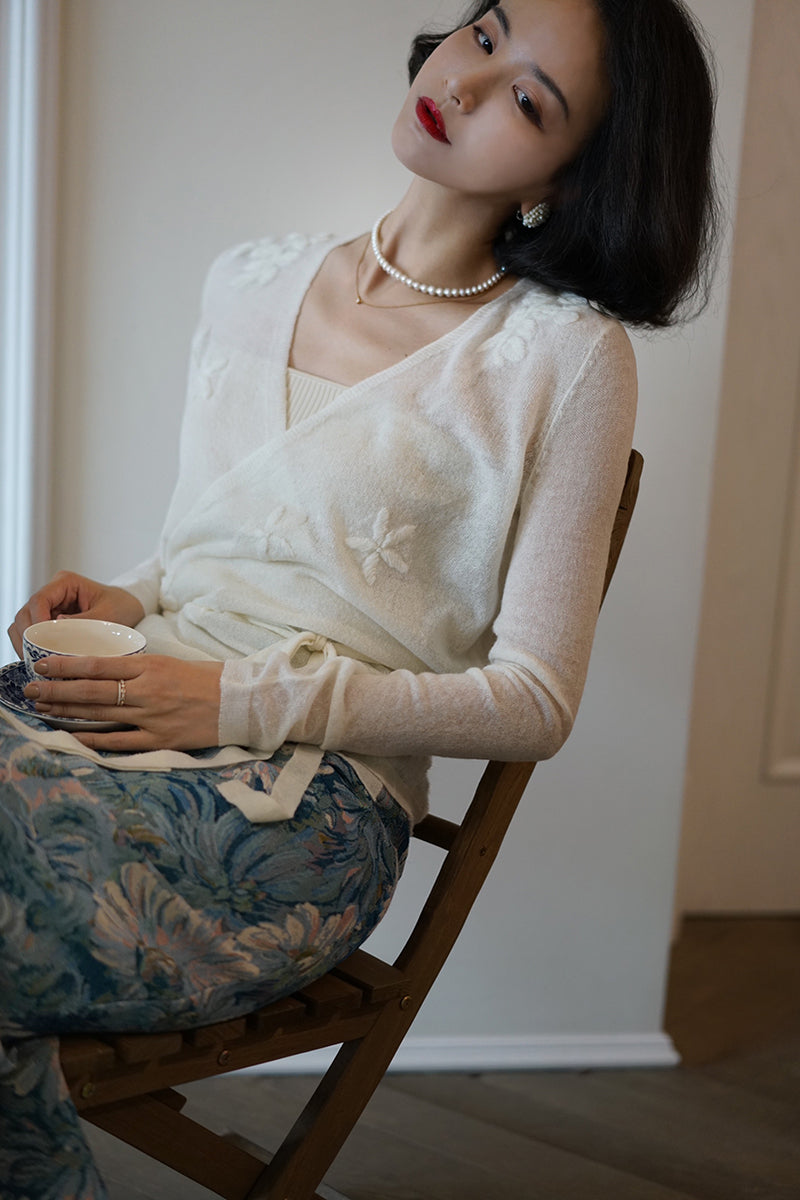 Floral embroidery white knit cardigan