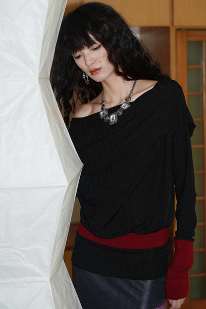 Western Off-Shoulder Contrast Knit Top