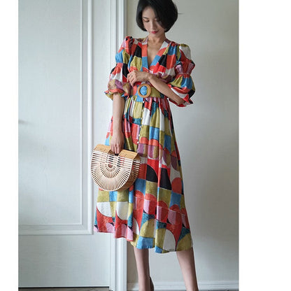 Geometric pattern oil painting dress