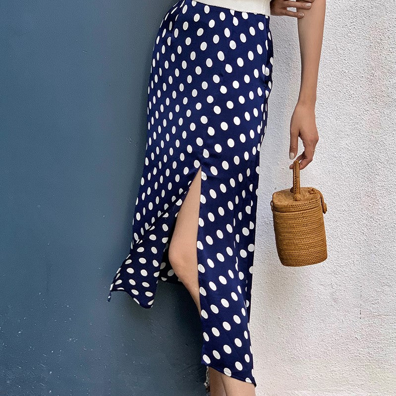 Navy blue polka dot asymmetric skirt