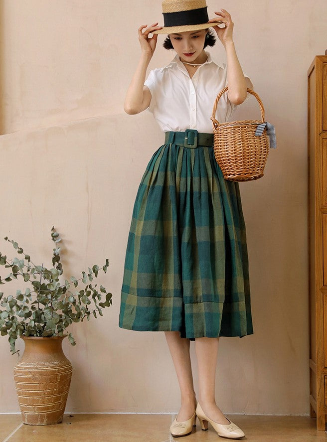 Dark green plaid retro umbrella skirt