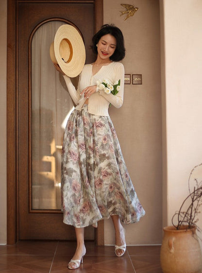 Oil painting rose pattern retro skirt