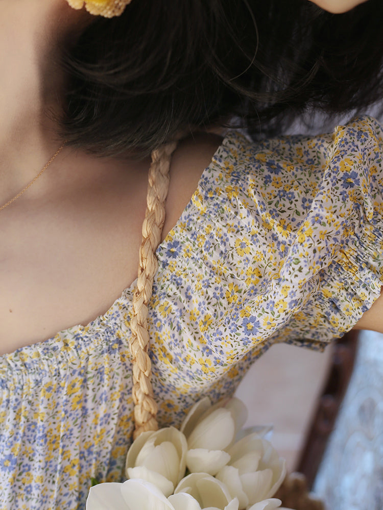 Indigo yellow flower french dress