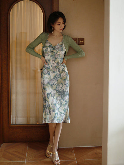 Celadon Flower Pattern Retro Strap Dress