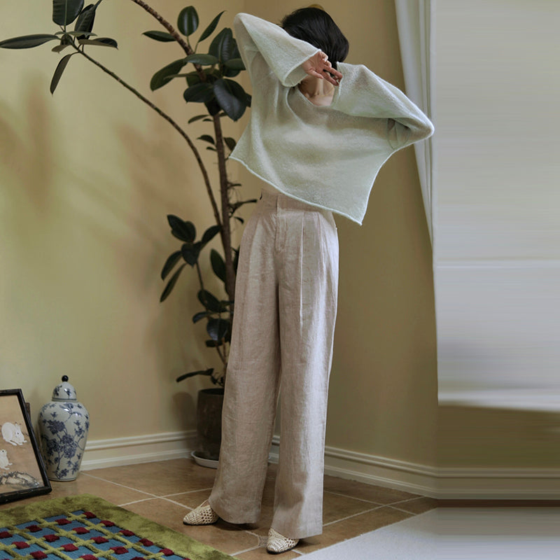 White Brown Lady Wide Leg Linen Pants